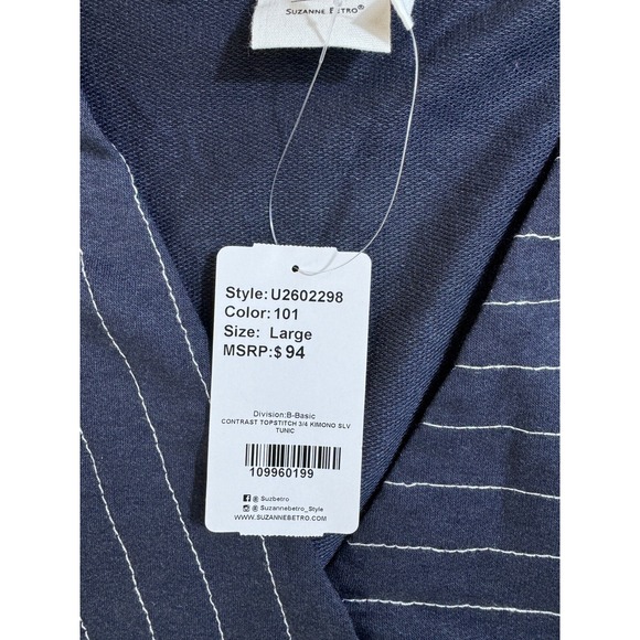 Simple by Suzanne Betro Navy Contrast Stitch Three Quarter Kimono Sleeve Tunic L - Picture 4 of 8